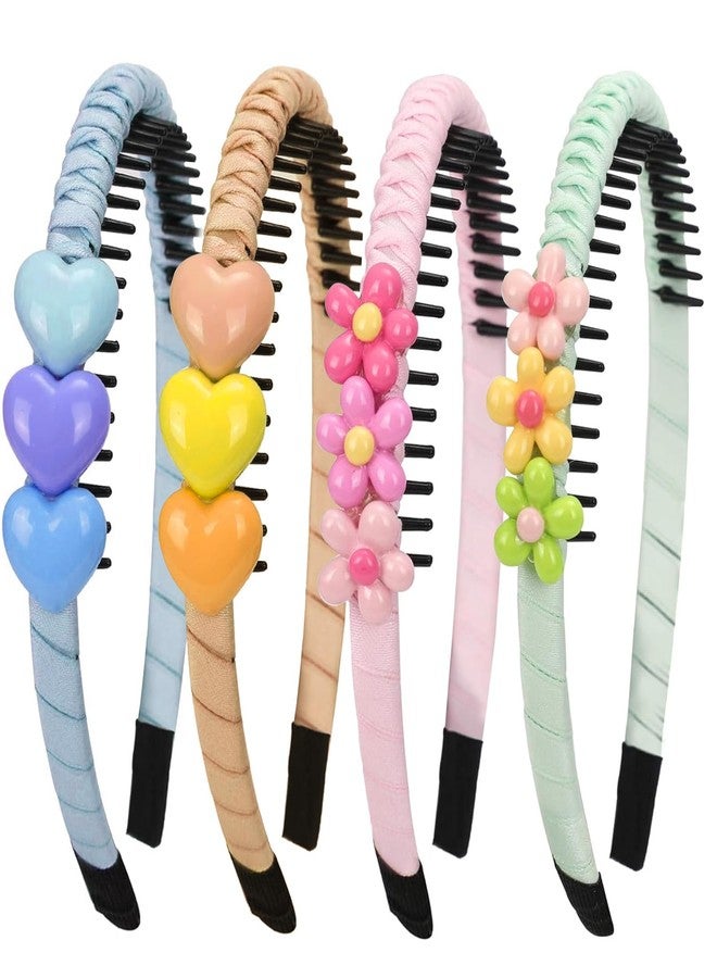 KuuGuu 4 PCS Girls Heart Flower Headbands Teeth Comb Colorful Hairband for Kids Non-slip Headpiece for Women Girls Fashion Cute Grace Hair Bands Summer Flower Hair Accessories for Festival Party - Image 1